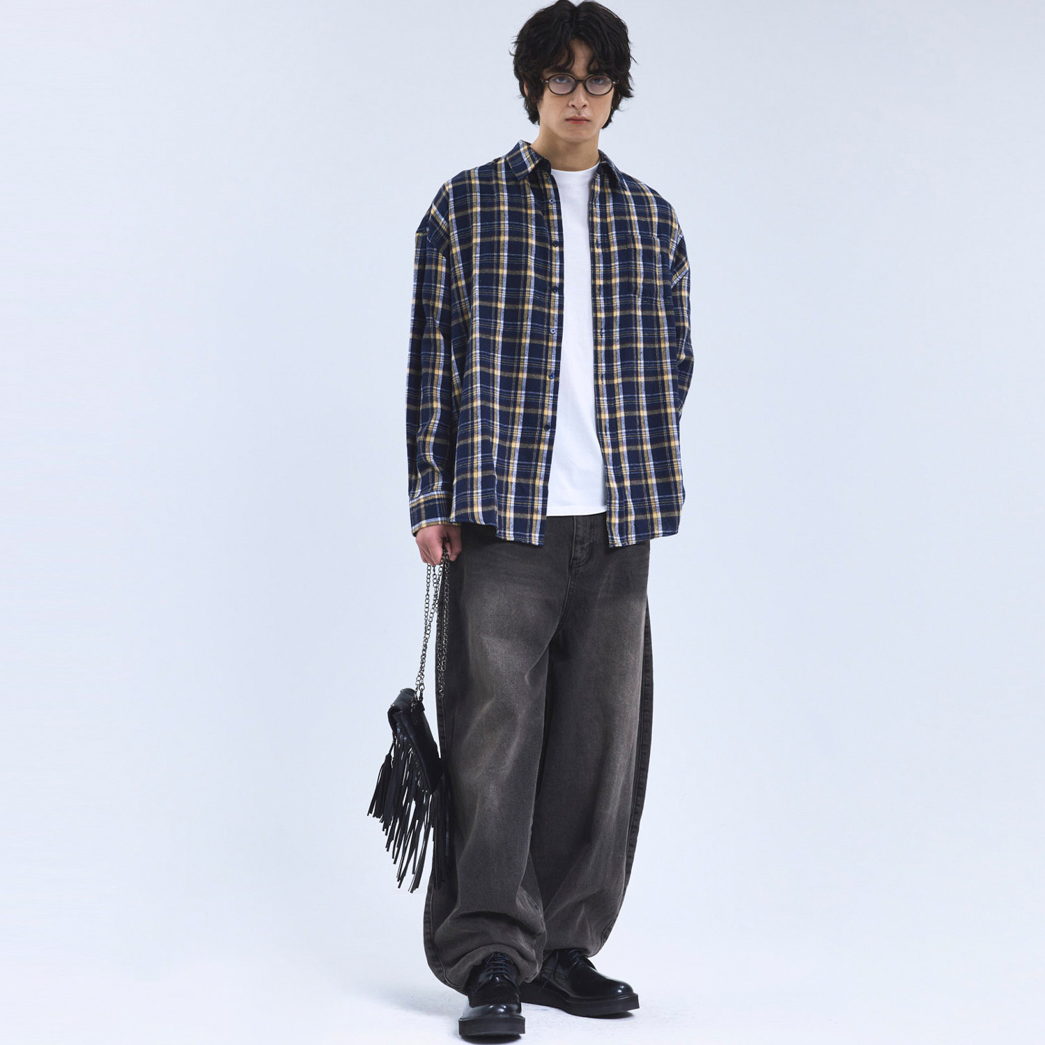 美式复古格子衬衫男长袖宽松百搭休闲衬衣-085