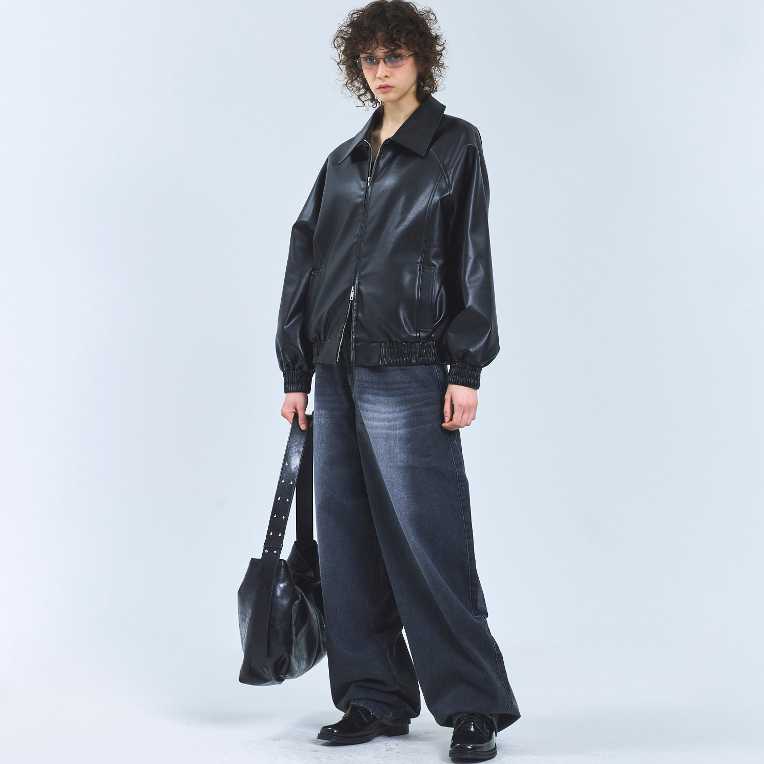 酷感翻领皮衣女宽松短款拉链机车夹克外套-058