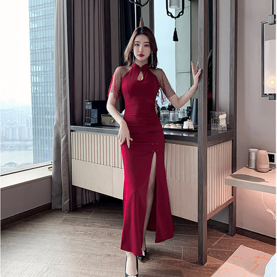 复古旗袍连衣裙女新款包臀性感夜总会佳丽晚礼服裙足浴技师工作服