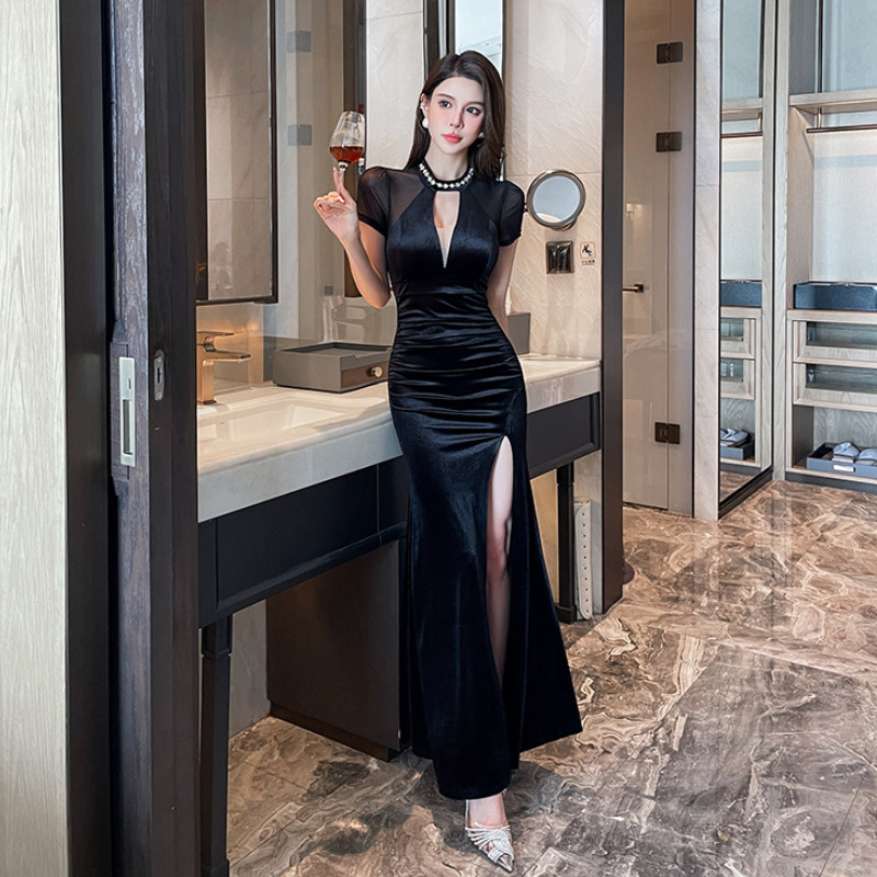 中式复古旗袍性感柔式足浴上班裙子修身显瘦长款高端礼服连衣裙女