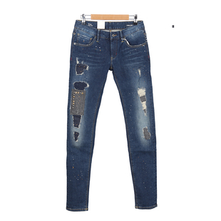 女款Slim超弹萨尼亚街头个性水洗贴布钉珠点墨修身窄脚牛仔裤