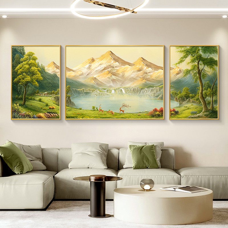 聚宝盆客厅装饰画大芬村油画手绘沙发背景墙挂画大气山水风景壁画图片