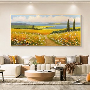 金色花海客厅装饰画轻奢高级感沙发背景墙挂画横版壁画大芬村油画