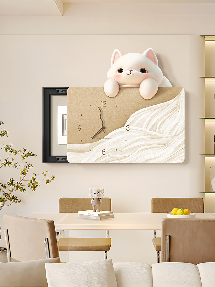 奶油风电表箱装饰画免打孔带钟表餐厅配电箱遮挡装饰电闸箱挂画猫