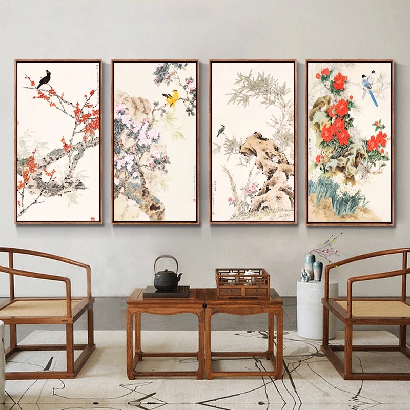 龚文桢工笔画四联画水墨国画客厅新中式画沙发背景墙装饰画玄关