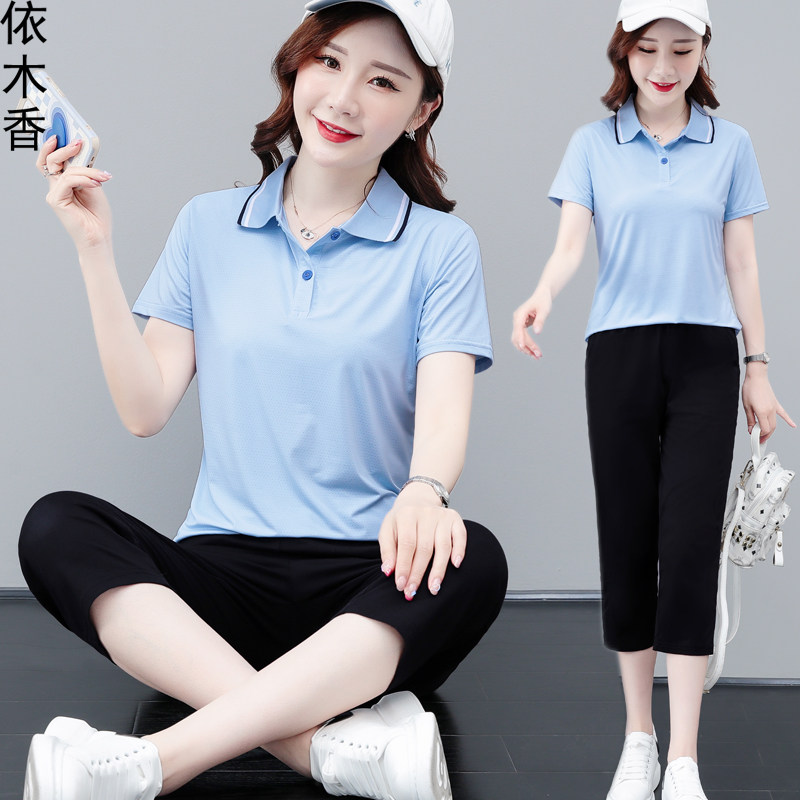 여름 여성 캐주얼 패션 스포츠웨어 탑 반팔 티셔츠 폴로 셔츠 옷깃 프린트 아이스 실크 탄성 속건성