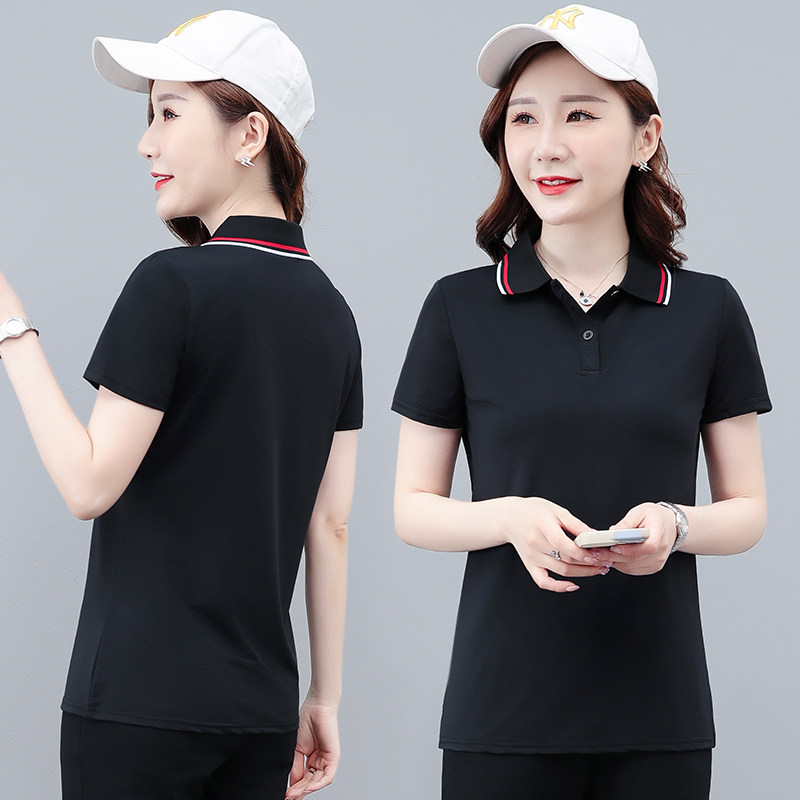 여름 여성 캐주얼 패션 스포츠웨어 탑 반팔 티셔츠 폴로 셔츠 옷깃 프린트 아이스 실크 탄성 속건성