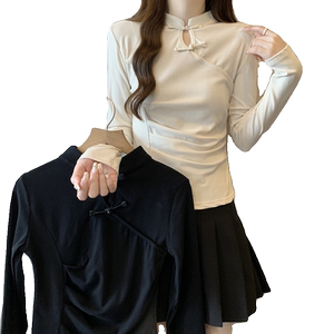 大码女装百搭洋气遮肚子长袖上衣小个子秋季新中式国风气质T恤衫