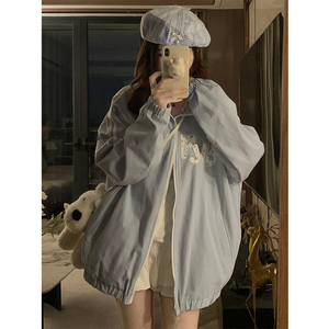 美式复古学院风洋气字母刺绣短外套女2024新款两面穿潮流立领上衣