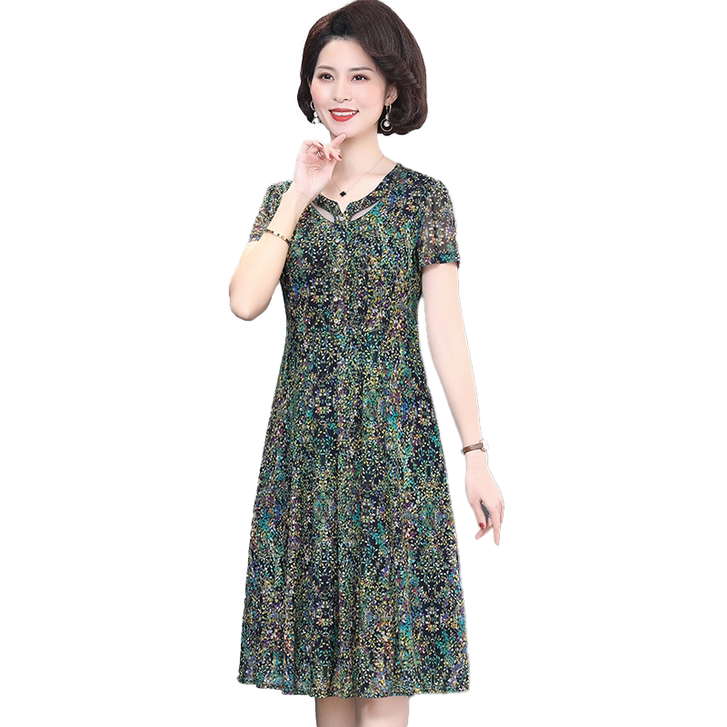 洋气中年妈妈绿色连衣裙弹力显瘦