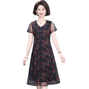 妈妈夏装连衣裙刺绣洋气新款中年女士时尚气质中长款蕾丝裙子