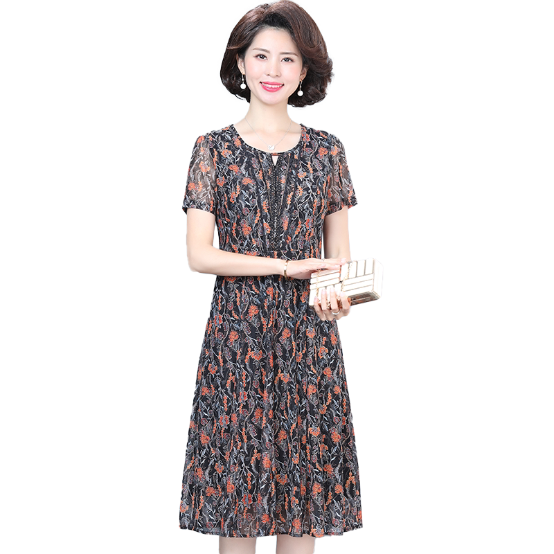 中年妈妈高贵台湾纱印花连衣裙