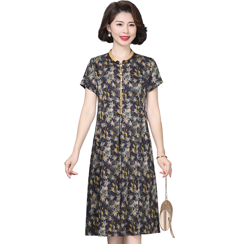阔太太妈妈夏装仿真丝香云纱裙子