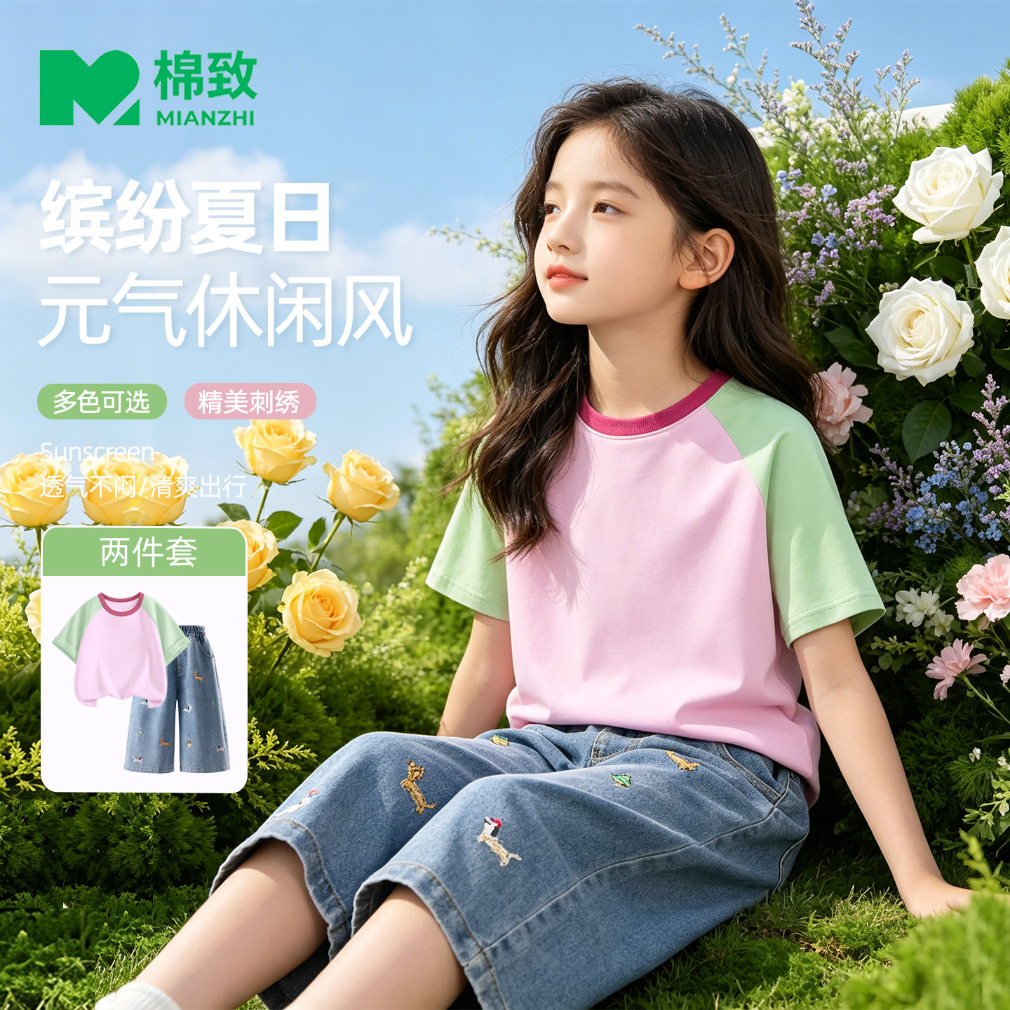 棉致女童夏季短袖七分牛仔裤套装
