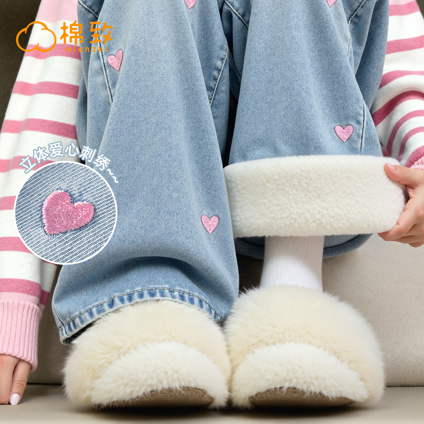 棉致女童加绒牛仔裤一体绒