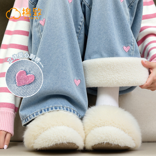 棉致女童加绒裤子2025新款冬季加厚一体绒阔腿女孩长裤儿童牛仔裤