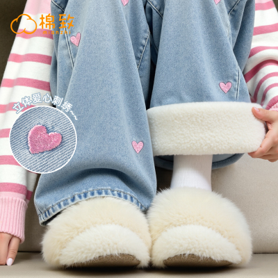 棉致女童加绒牛仔裤一体绒