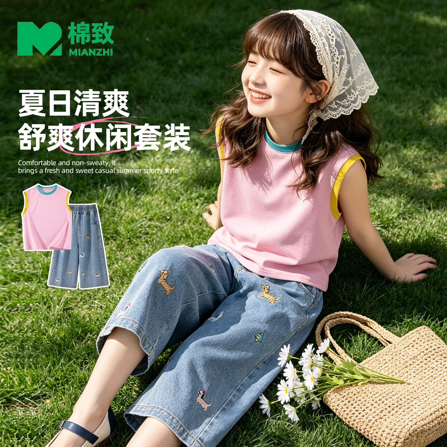棉致女童套装夏薄款索罗娜背心时髦牛仔裤夏季新款童装儿童夏装女