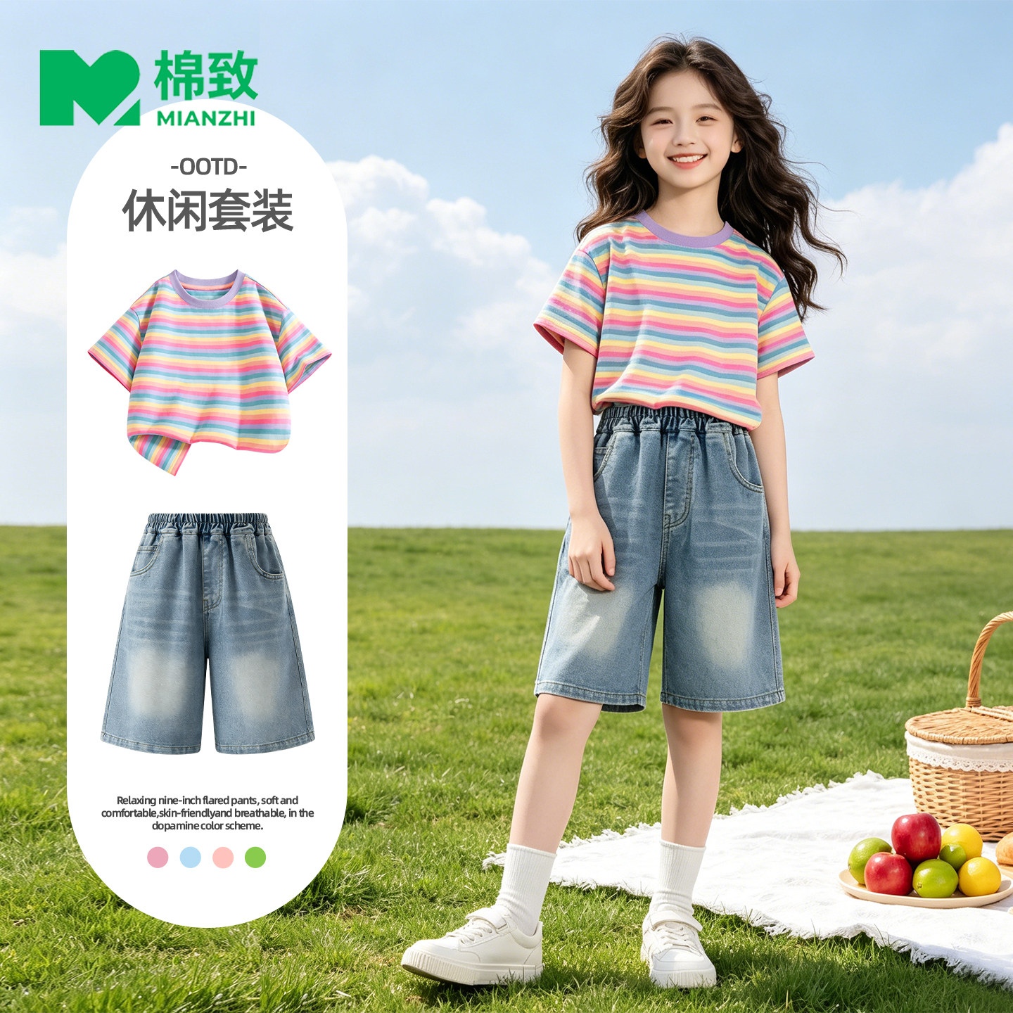 棉致纯棉短袖五分裤女童套装