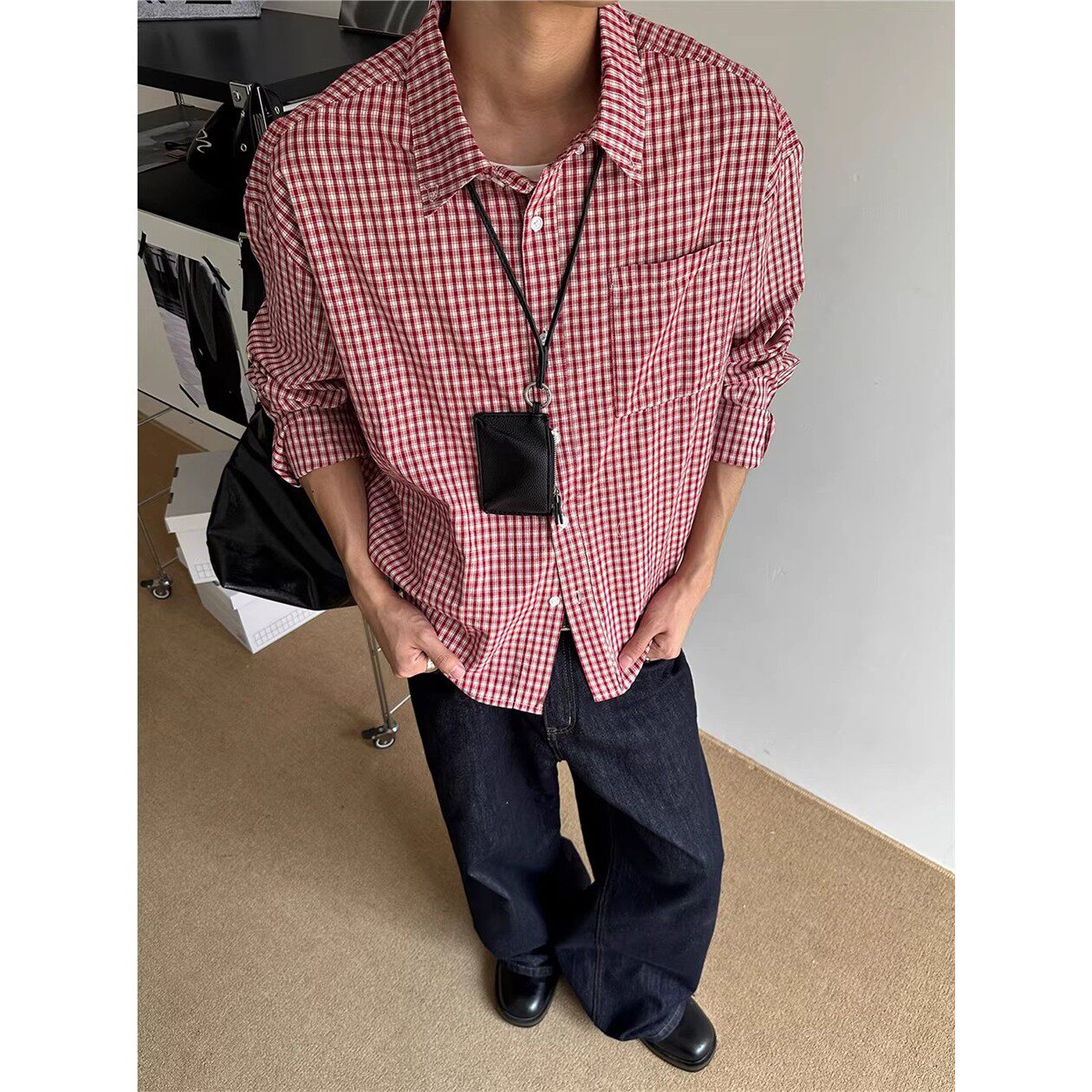 美式复古红色格子衬衫男女早春款宽松休闲百搭通勤中性风长袖衬衣
