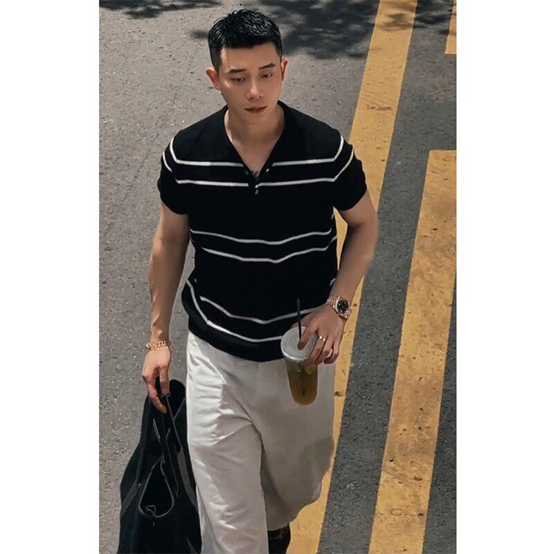撞色条纹设计针织短袖Polo衫男款夏季高端商务休闲薄款冰丝T恤衫