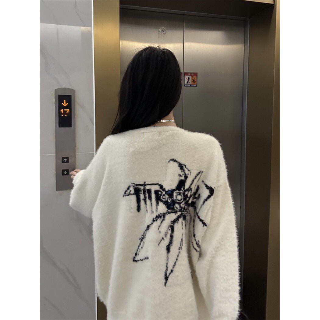 原创慵懒风蜘蛛针织毛衣V领开衫上衣2023秋冬新款男女情侣宽松潮
