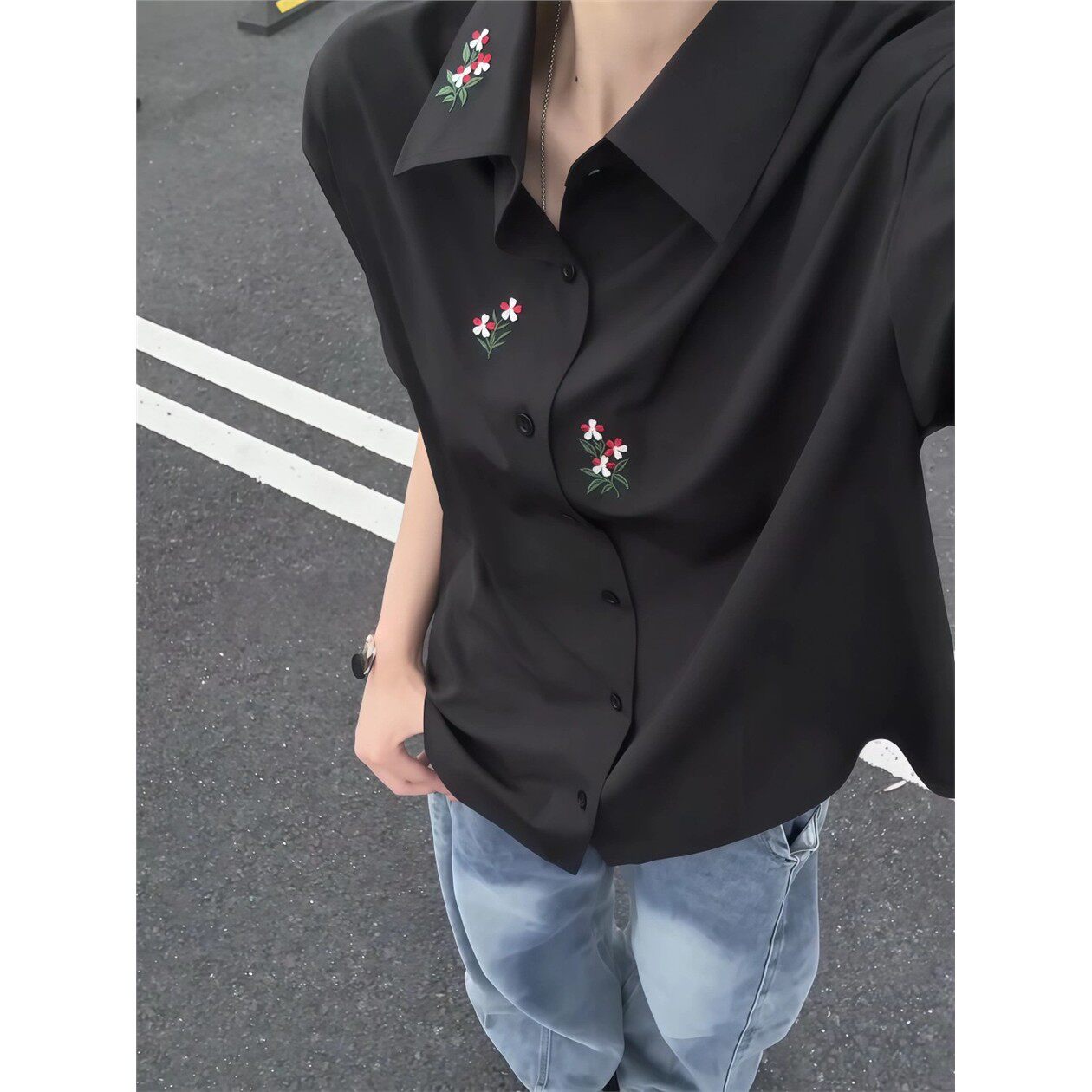 新中式花卉刺绣短袖衬衫
