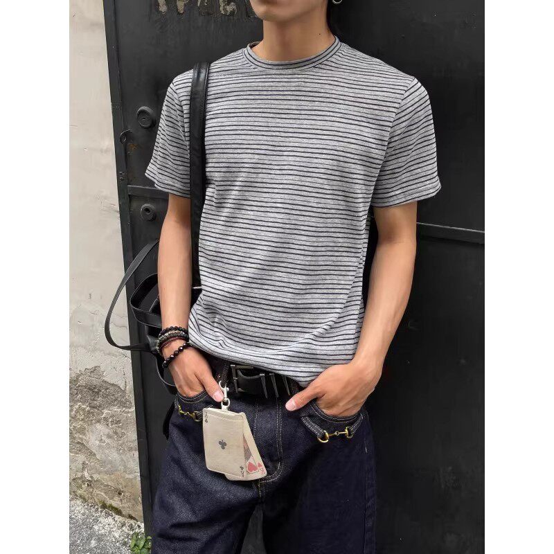 夏季新款美式复古老钱风条纹百搭肌理感T恤男女短袖宽松圆领上衣