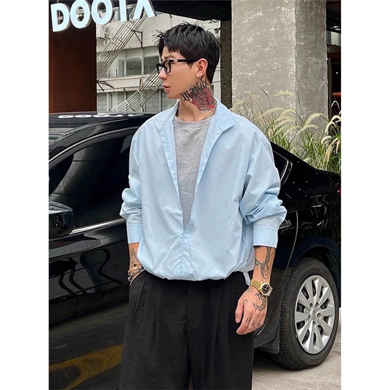 新贵老钱风假两件衬衫男夏季英伦雅痞男装防晒衬衣痞帅高级感外套