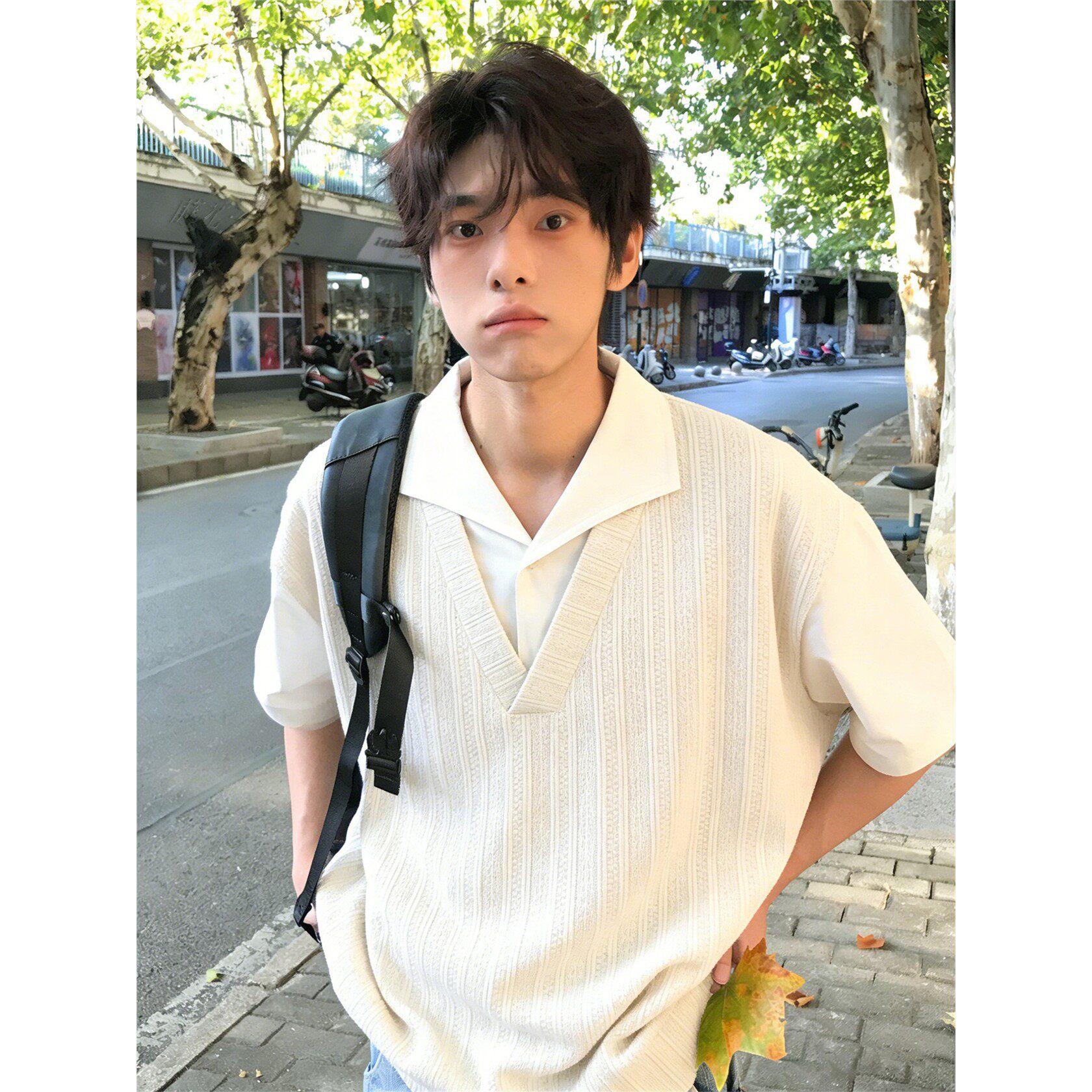 杏色麦穗纹假两件短袖t恤