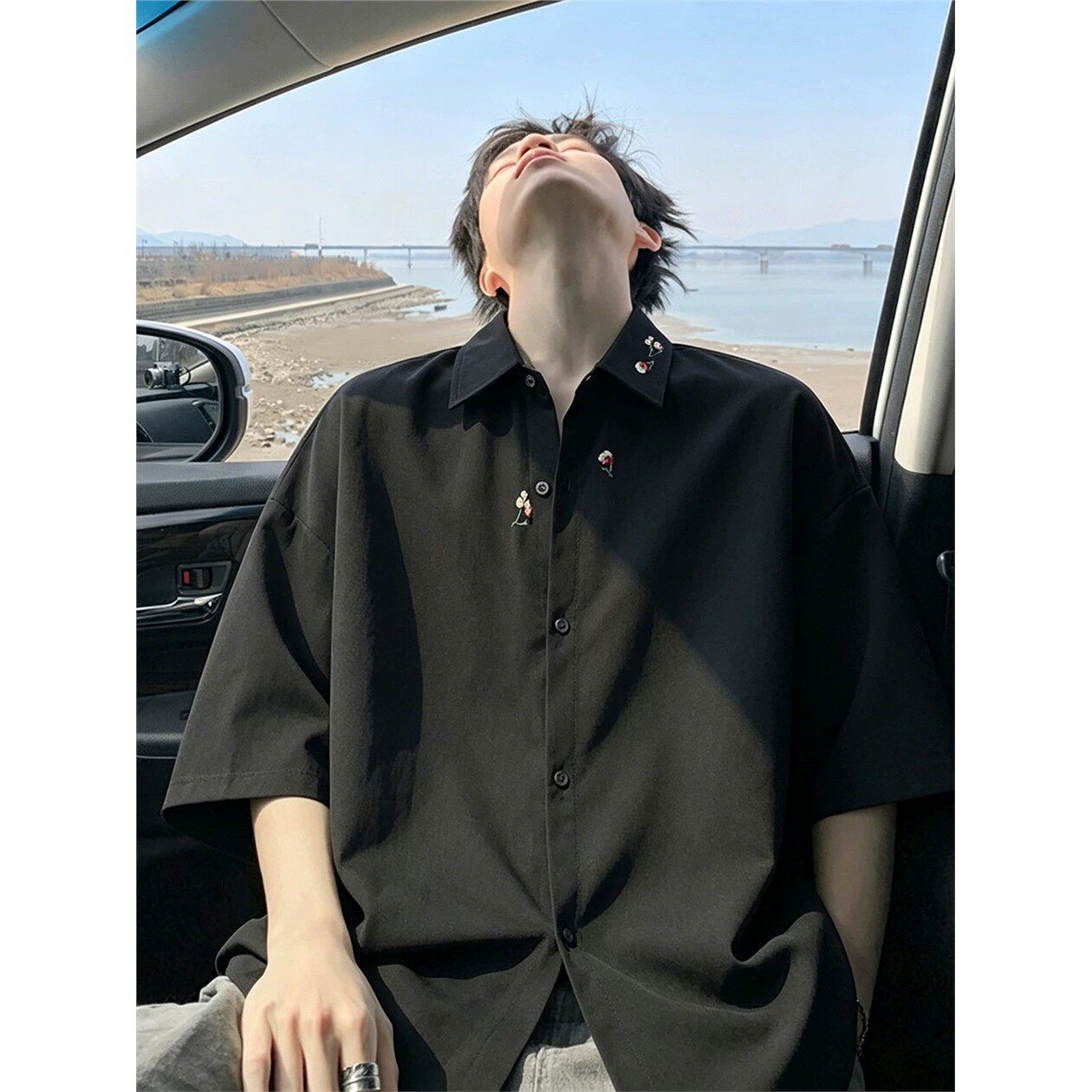 冰丝花卉刺绣短袖衬衫男夏季新中式高级感衬衣青少年凉感痞帅外套