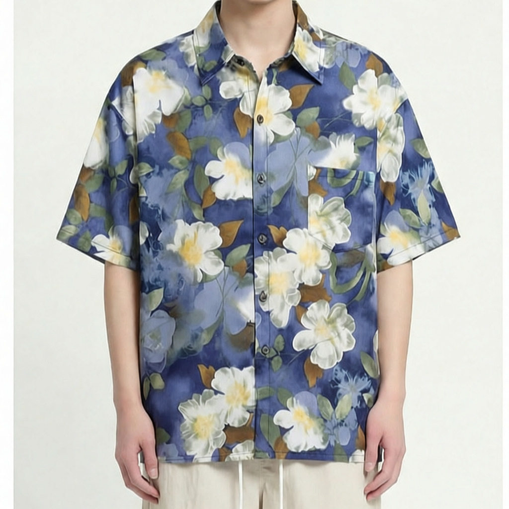 夏季新款日系复古满印花短袖衬衫男潮牌宽松休闲百搭痞帅薄款衬衣