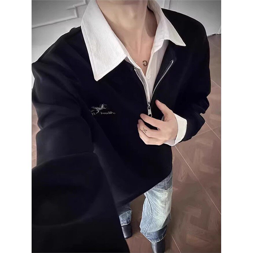 黑色假两件半拉链卫衣男