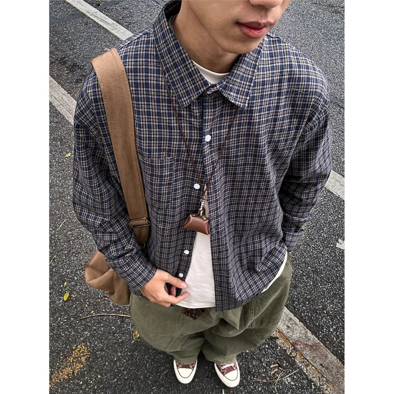 春日系格纹通勤长袖衬衫男vintage复古休闲中性宽松衬衣工厂现货