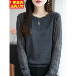 胖mm春秋特大码女士毛衣遮肚子显瘦蕾丝上衣高级感内搭针织打底衫