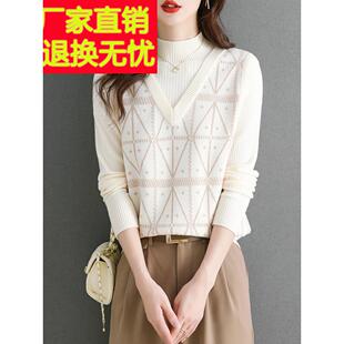 白色针织毛衣女2025秋冬洋气减龄假两件宽松显瘦内搭半高领打底衫