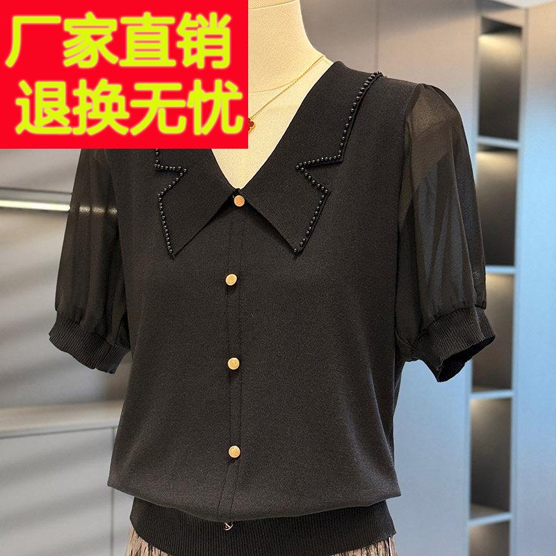 时尚气质雪纺拼接针织衫女年轻妈妈装夏装新款上衣减龄中年人T恤