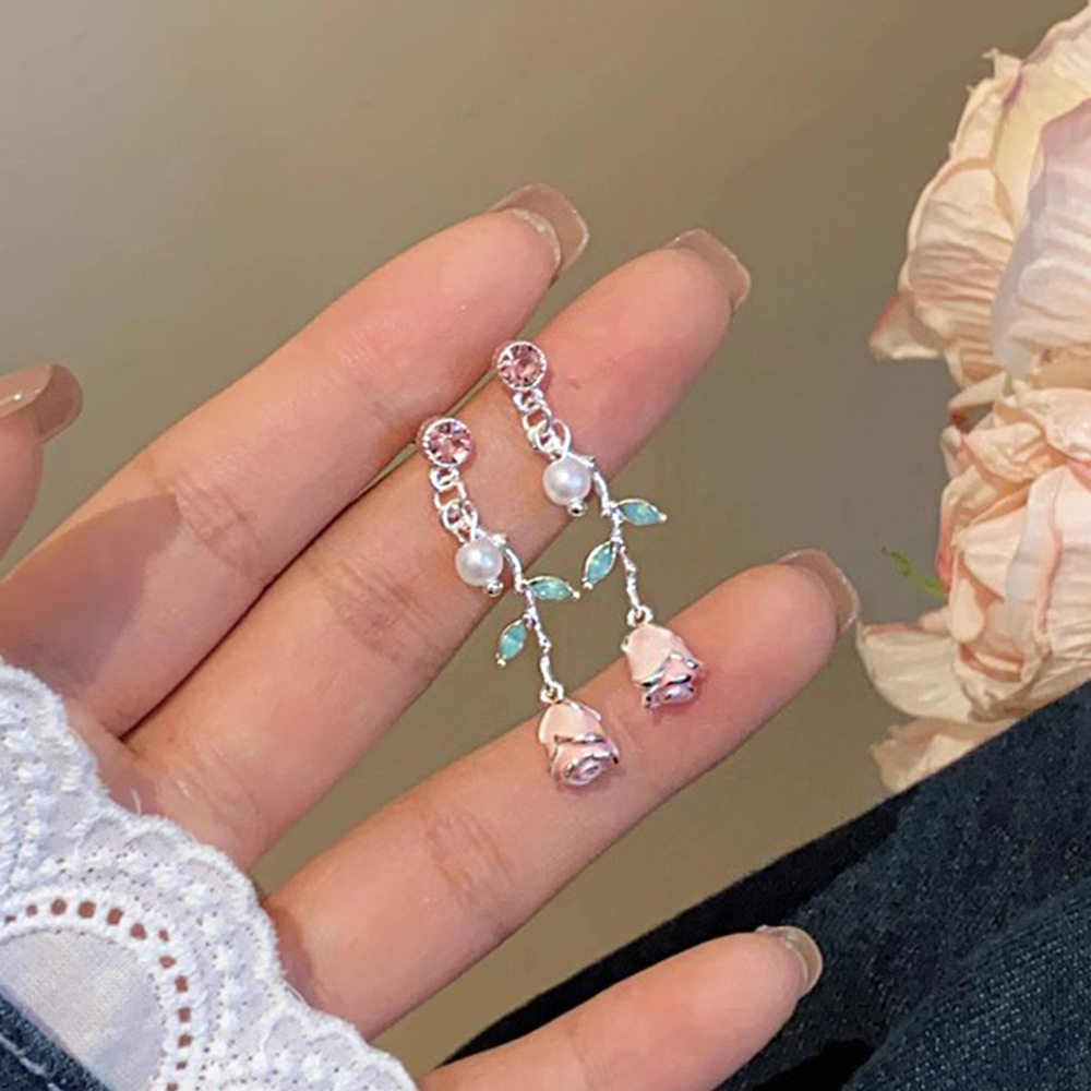 银针粉色玫瑰耳饰气质简约珐琅滴釉花朵耳坠甜美少女多巴胺耳环