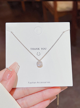 甜美淑女微镶满锆方块项链女百搭简约吊坠时尚轻奢钛钢锁骨链