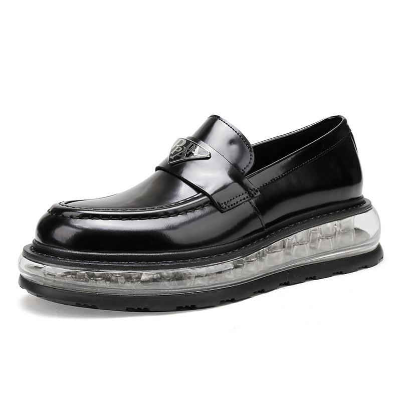 气垫厚底松糕皮鞋5CM增高套脚乐福鞋开边珠牛皮三角标增高鞋男潮