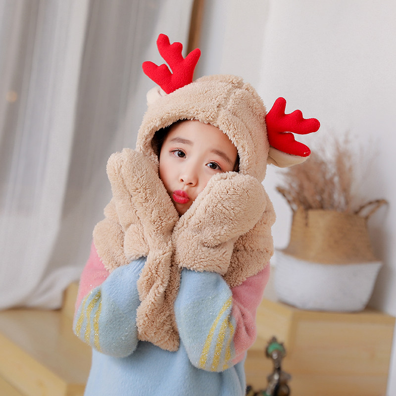 여아를 위한 모자 스카프 장갑을 한 겨울에 모두 학생을 위한 따뜻하고 두꺼워진 쓰리피스 넥스카프 모자 크리스마스 귀여운 뿔