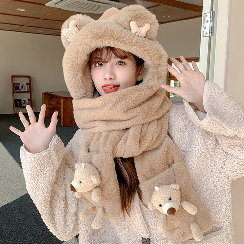 方沁千潮帽子围巾一体加厚保暖