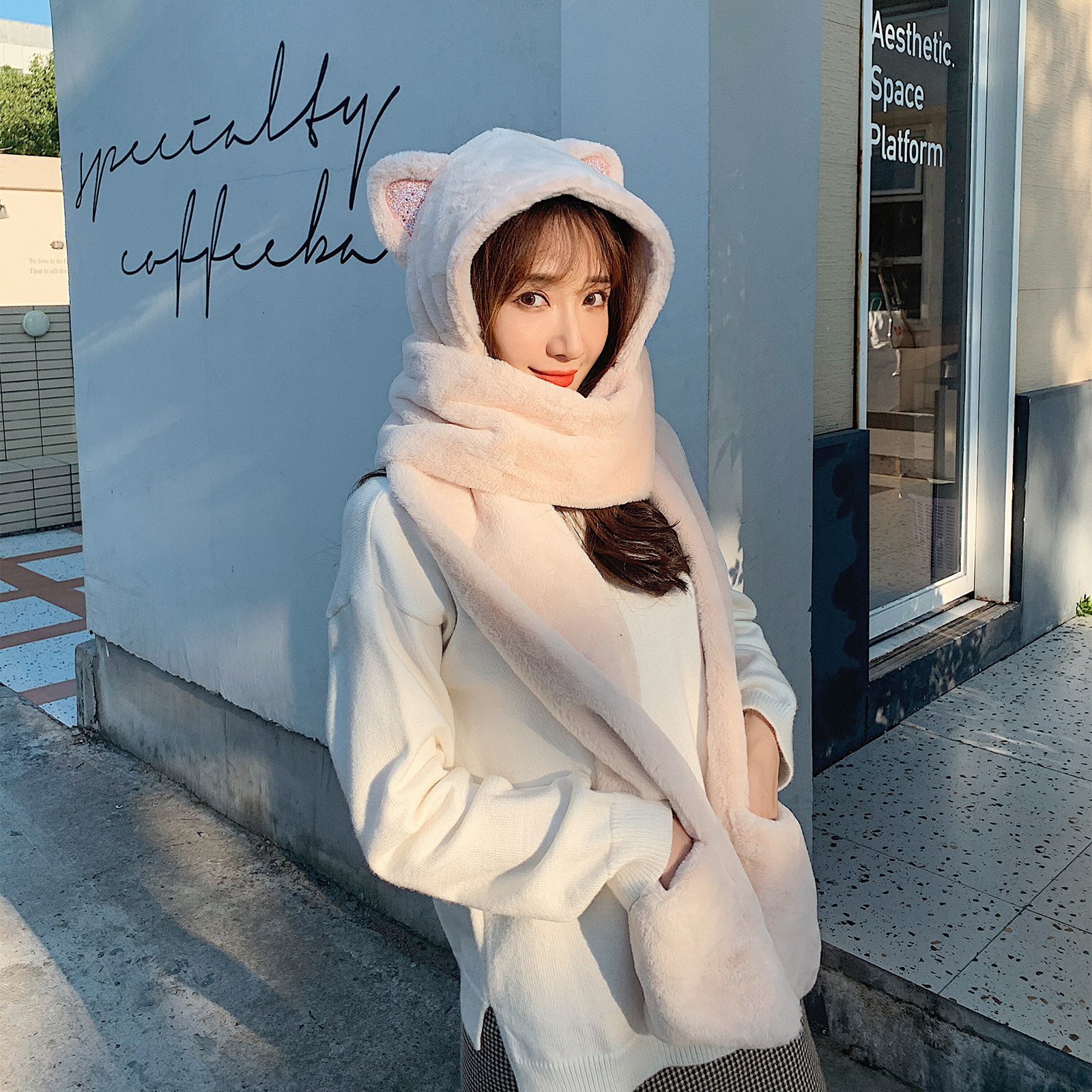 새끼 고양이 귀 원피스 모자 여성용 스카프 및 장갑 가을 겨울 따뜻한 플러시 스카프 다목적 귀 보호 방한