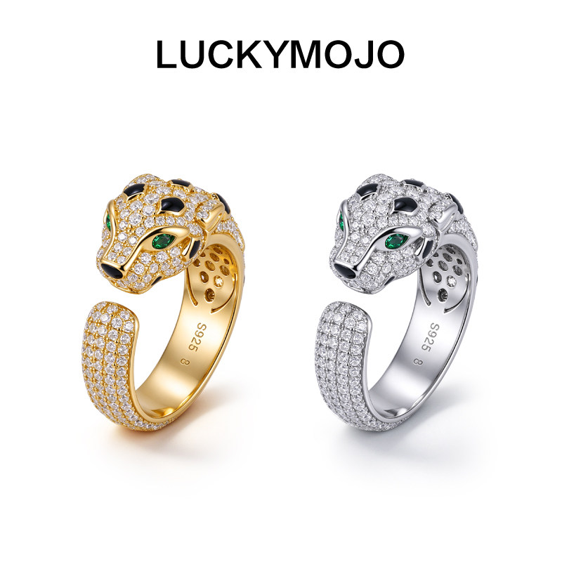 LUCKYMOJO 925银戒指 猎豹系列欧美个性时尚仿生戒指开口戒男生