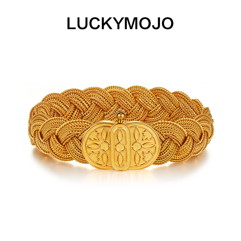 LUCKYMOJO复古风编织金色四叶草手链女设计感小众925银宽版手镯男