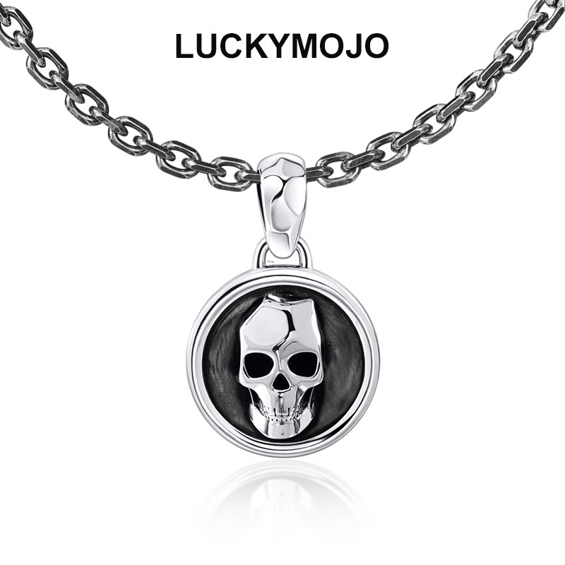 LUCKYMOJO S925纯银骷髅圆牌吊坠男女款复古个性挂坠双面戴项坠子