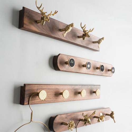 胡桃实木黄铜挂钩入户挂衣架壁挂创意玄关衣帽钩包钥匙挂钩免打孔