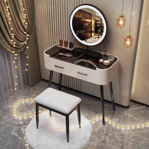 实木梳妆台岩板卧室简约现代高级感新款轻奢简易化妆桌北欧化妆台