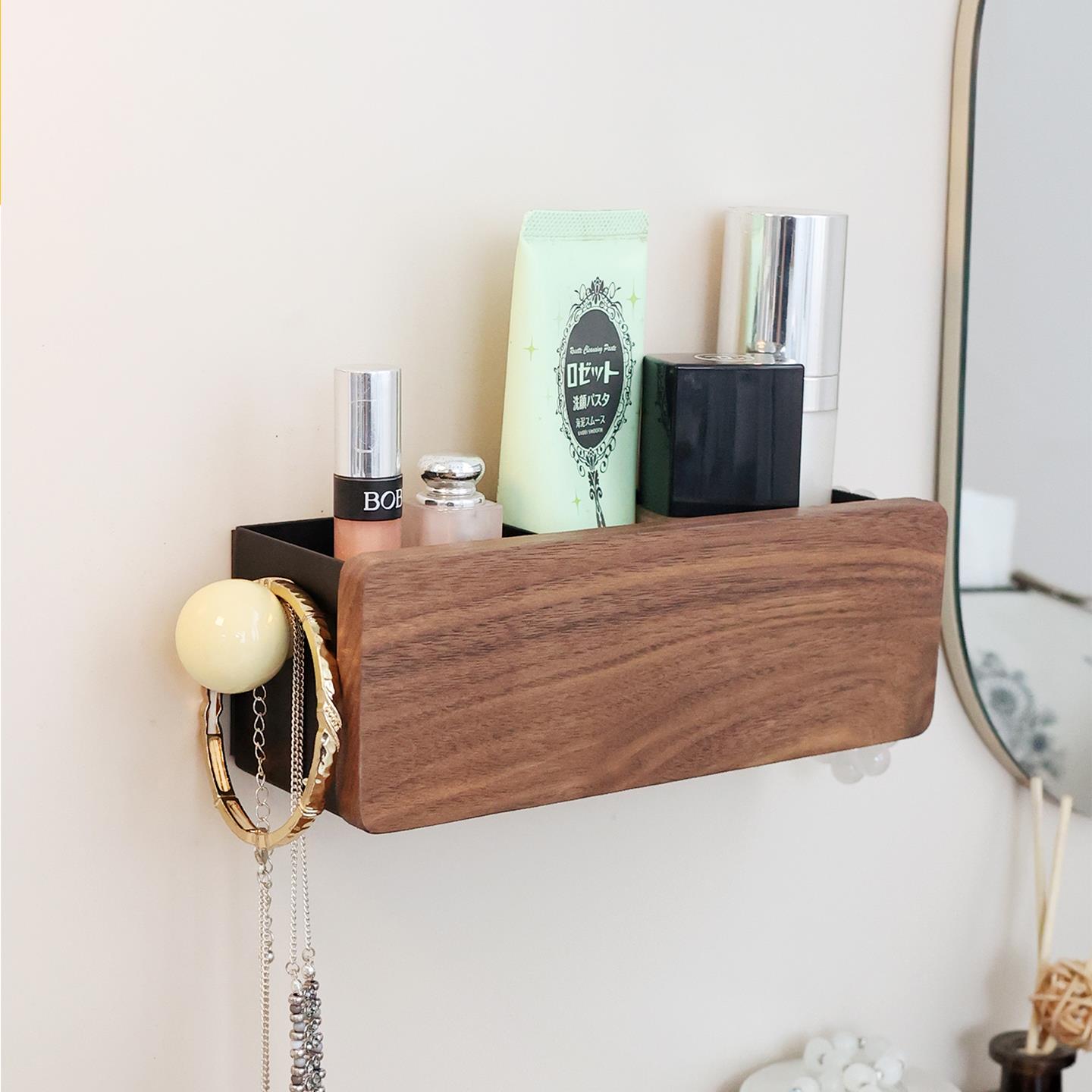 实木壁挂式收纳盒电视空调遥控器手机手串化妆品置物架粘贴免打孔