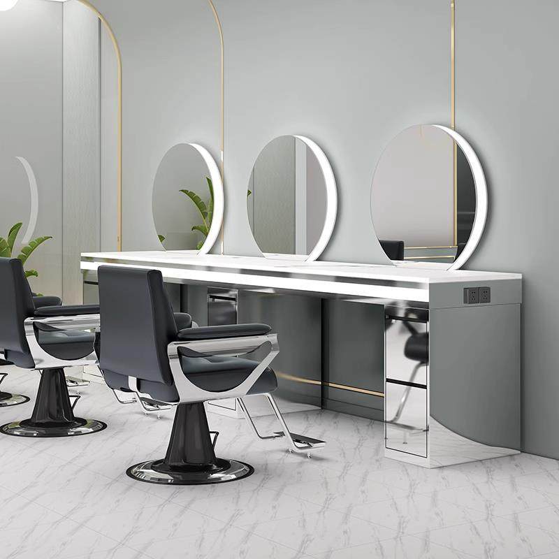 美发店烫染镜台理发店带柜一体剪发镜发廊专用单双面不锈钢镜子